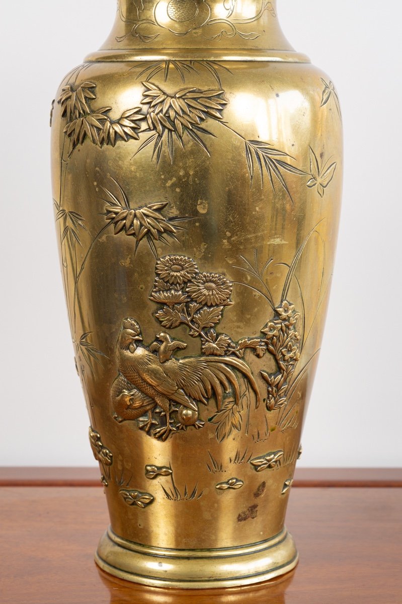 Vase Avec Poules, Bronze, Japon, ère Meiji (1868-1912). -photo-1