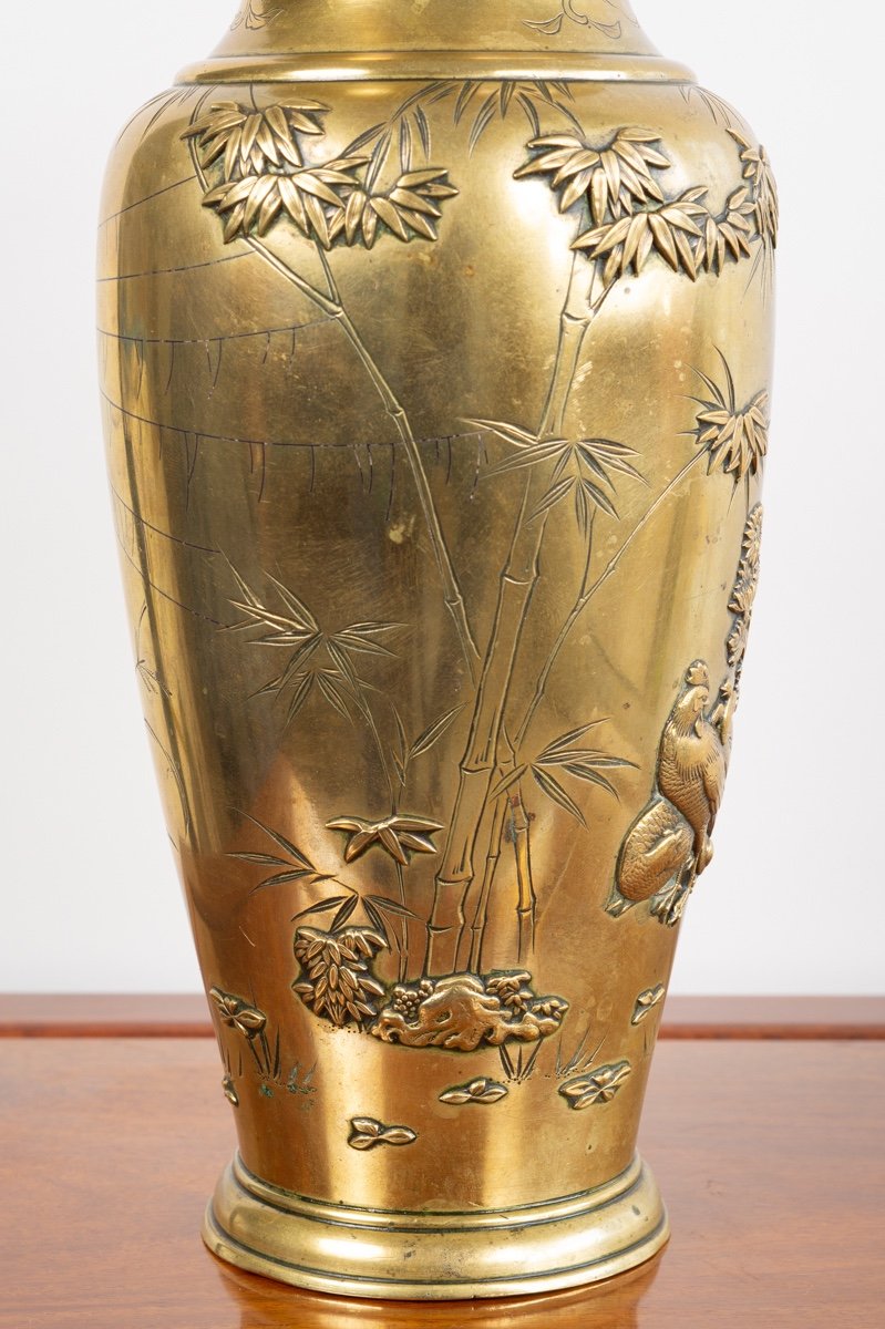 Vase Avec Poules, Bronze, Japon, ère Meiji (1868-1912). -photo-2