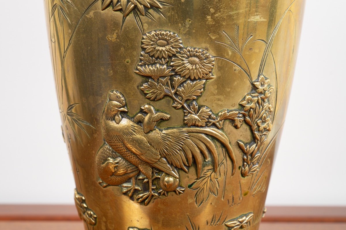Vase Avec Poules, Bronze, Japon, ère Meiji (1868-1912). -photo-4