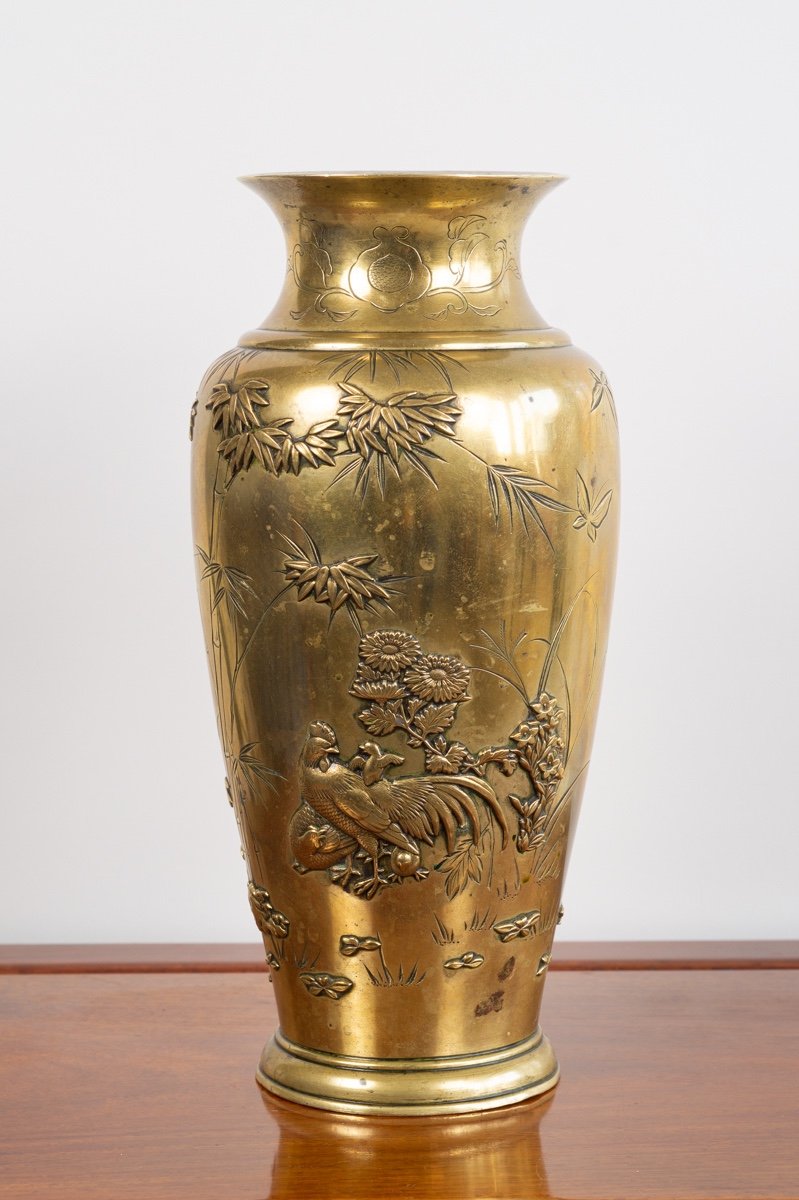 Vase Avec Poules, Bronze, Japon, ère Meiji (1868-1912). 
