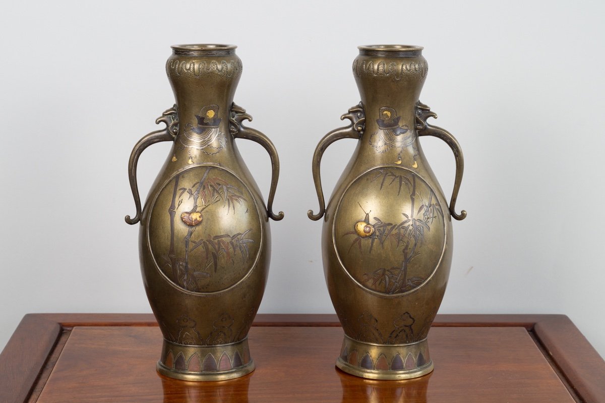 Pair Of Inlaid Vases, Bronze - Silver - Gold, Japan, Meiji Era (1868-1912).-photo-3