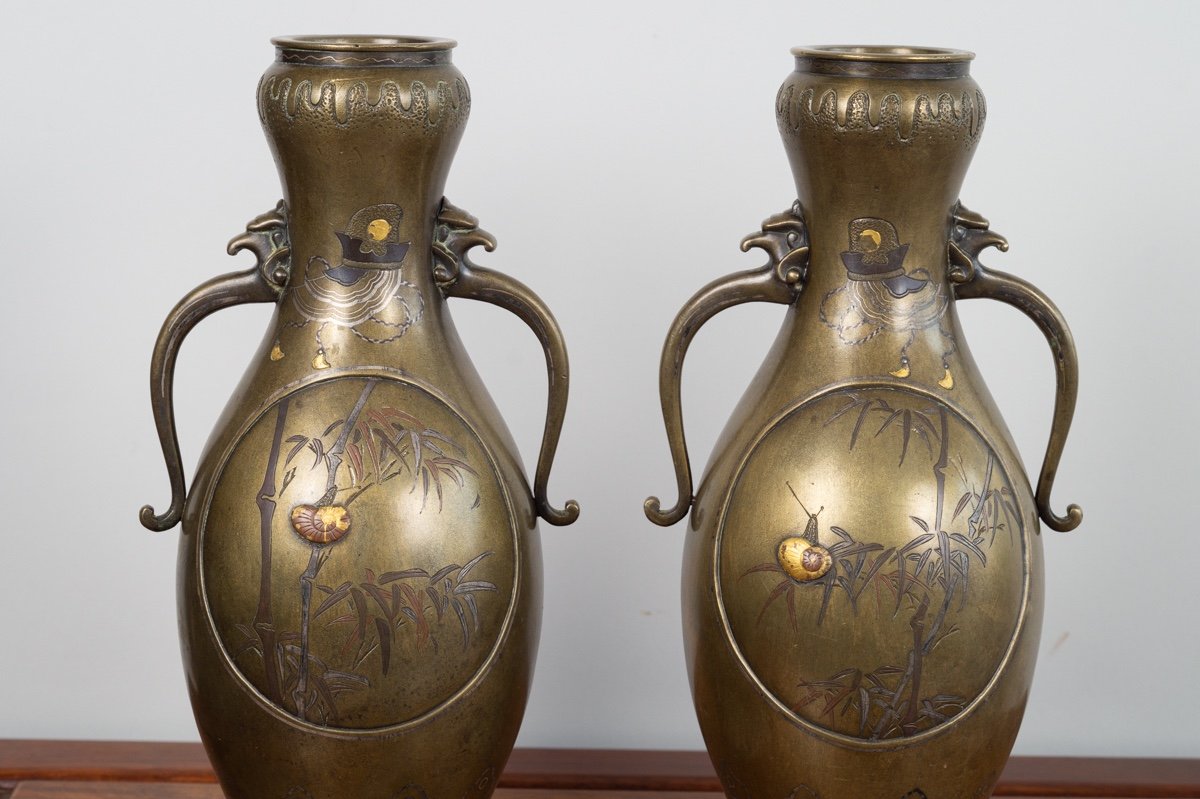 Pair Of Inlaid Vases, Bronze - Silver - Gold, Japan, Meiji Era (1868-1912).-photo-4