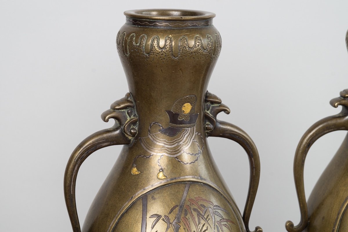 Pair Of Inlaid Vases, Bronze - Silver - Gold, Japan, Meiji Era (1868-1912).-photo-1
