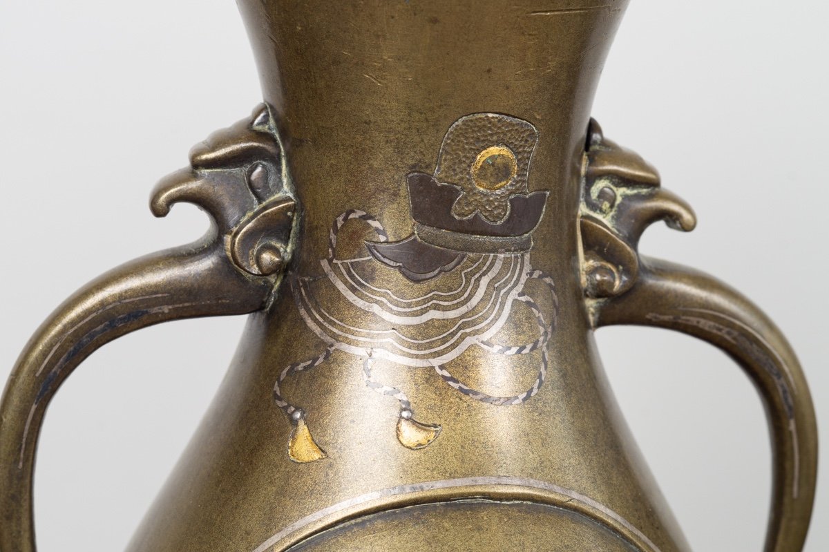 Pair Of Inlaid Vases, Bronze - Silver - Gold, Japan, Meiji Era (1868-1912).-photo-7
