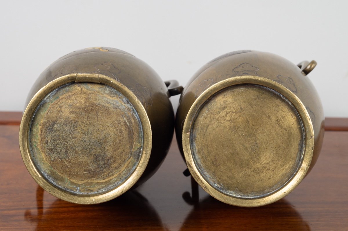 Pair Of Inlaid Vases, Bronze - Silver - Gold, Japan, Meiji Era (1868-1912).-photo-8