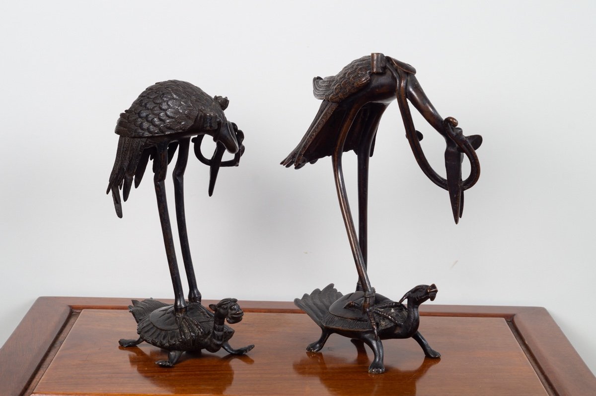 Pair Of Cranes On Turtles, Bronze, Japan, Edo Period (1603-1868)-photo-2
