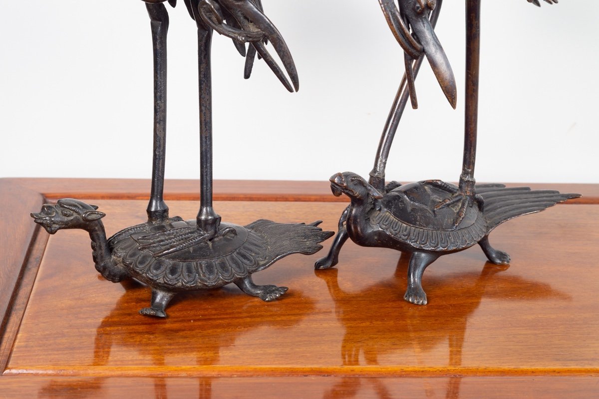 Pair Of Cranes On Turtles, Bronze, Japan, Edo Period (1603-1868)-photo-1