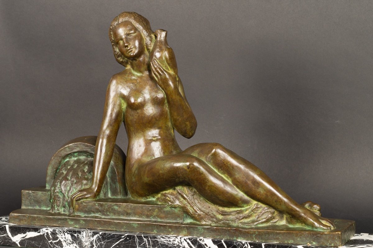 Nu - Dame Avec Un Pigeon, Georges Raoul Garreau (1885-1955), Bronze, Art Déco, France, 1920/30-photo-4