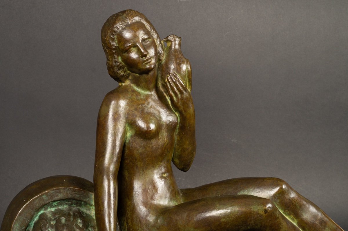 Nu - Dame Avec Un Pigeon, Georges Raoul Garreau (1885-1955), Bronze, Art Déco, France, 1920/30-photo-2