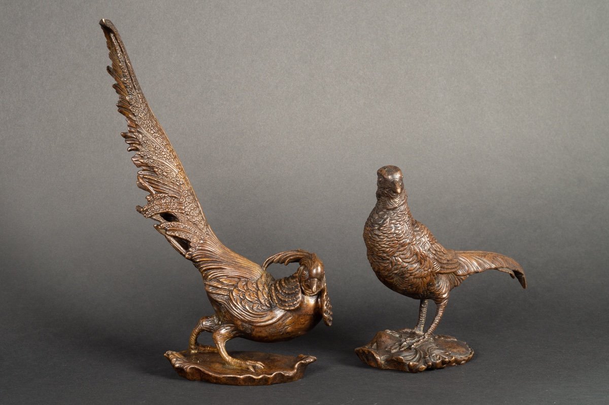 Pair Of Pheasants, Bronze, France, 19th Century.-photo-3