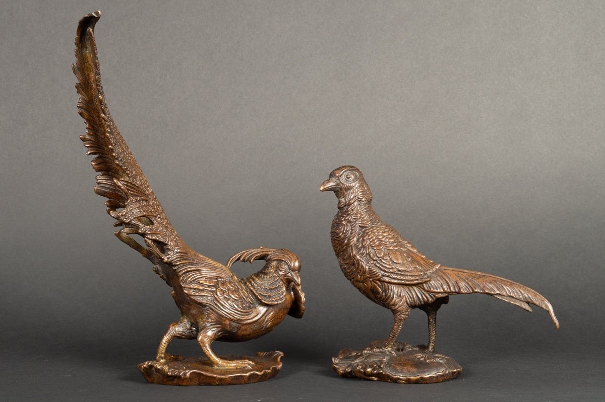 Pair Of Pheasants, Bronze, France, 19th Century.-photo-1