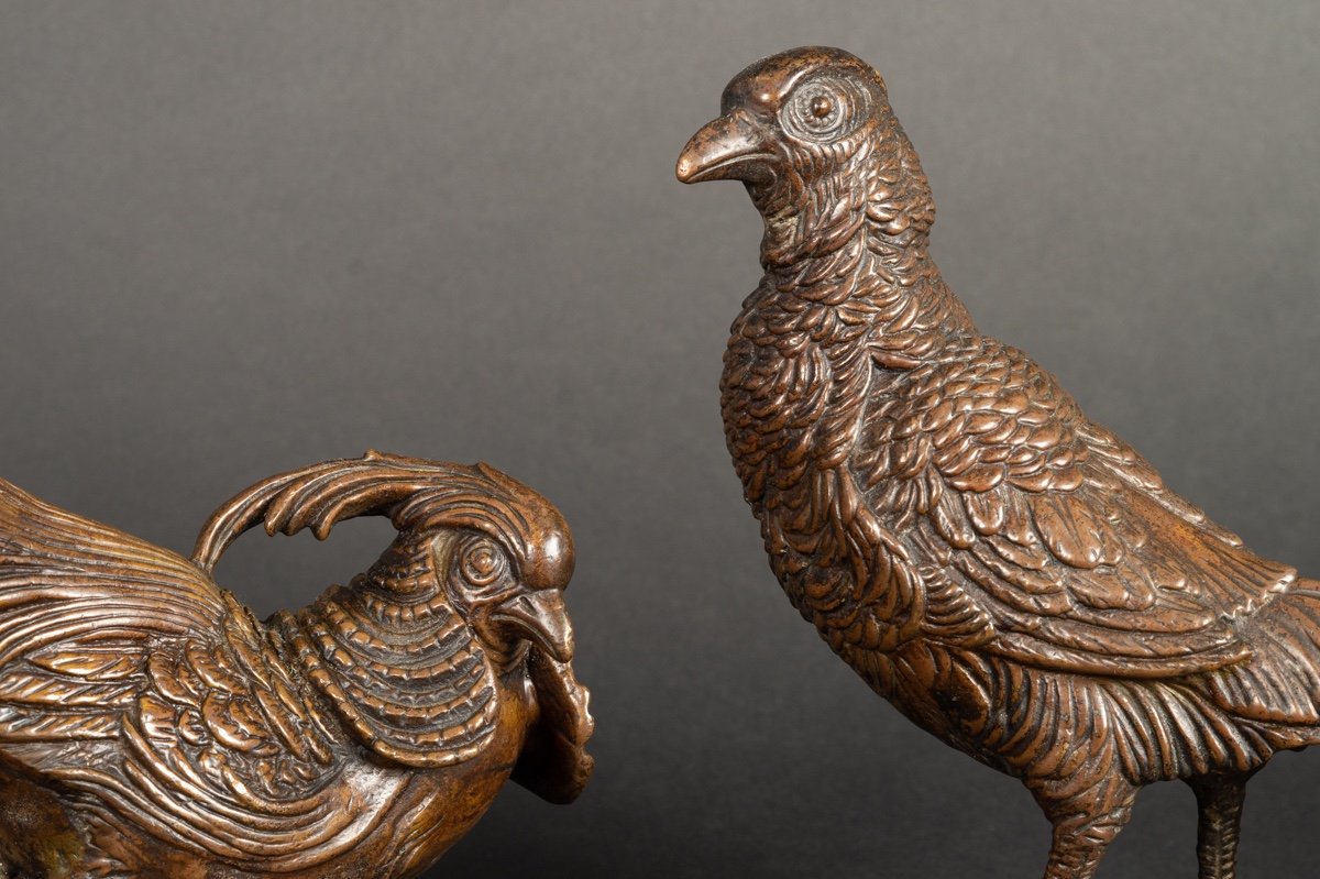 Pair Of Pheasants, Bronze, France, 19th Century.-photo-3