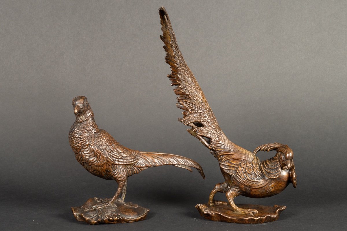 Pair Of Pheasants, Bronze, France, 19th Century.