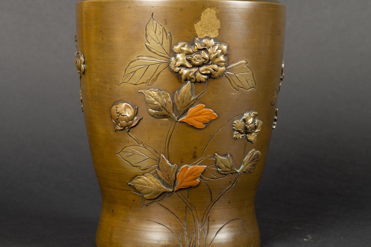 Vase With Crane And Flowers, Bronze And Copper, Japan, Meiji Era (1868-1912).-photo-4
