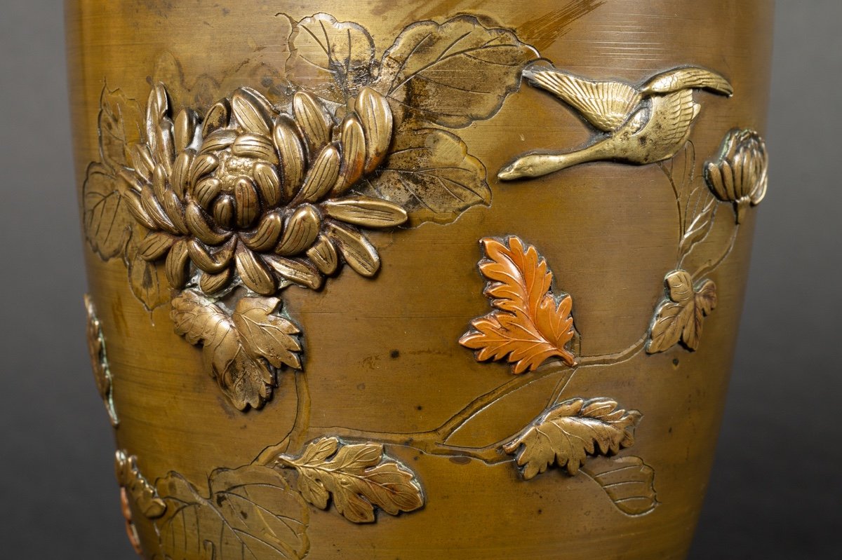 Vase With Crane And Flowers, Bronze And Copper, Japan, Meiji Era (1868-1912).-photo-5
