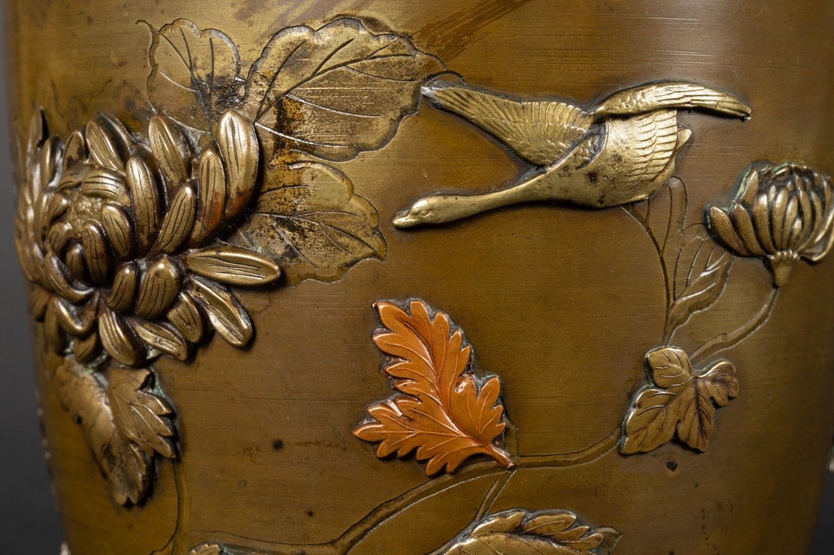 Vase With Crane And Flowers, Bronze And Copper, Japan, Meiji Era (1868-1912).-photo-7