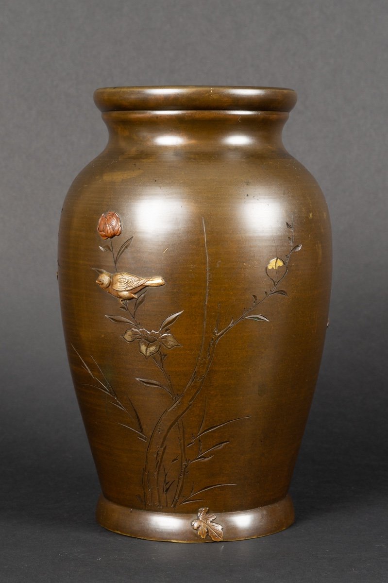 Vase Avec Oiseaux Et Fleurs, Bronze - Shakudō - Shibuichi, Japon, ère Meiji (1868-1912).  -photo-3