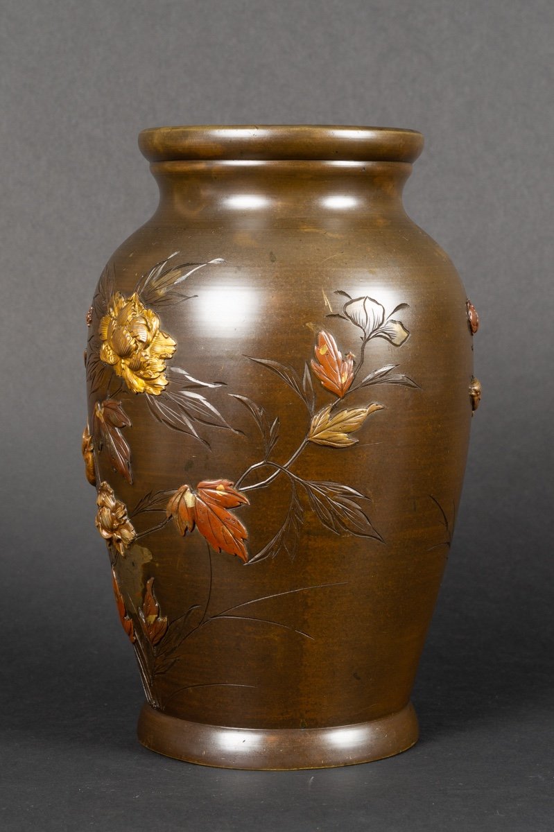 Vase Avec Oiseaux Et Fleurs, Bronze - Shakudō - Shibuichi, Japon, ère Meiji (1868-1912).  -photo-4