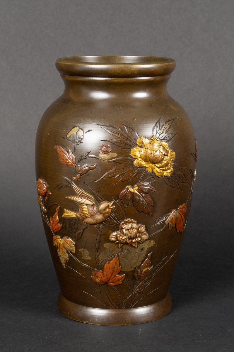 Vase Avec Oiseaux Et Fleurs, Bronze - Shakudō - Shibuichi, Japon, ère Meiji (1868-1912).  -photo-1