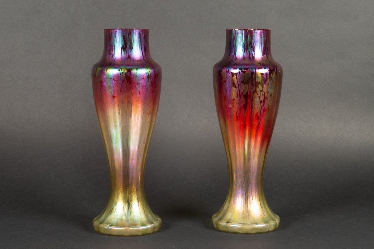 Pair Of Iridescent Vases, Art Nouveau, Bohemian, Wilhelm Kralik? 1900.-photo-2