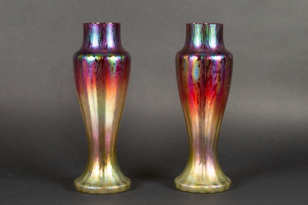 Pair Of Iridescent Vases, Art Nouveau, Bohemian, Wilhelm Kralik? 1900.-photo-3