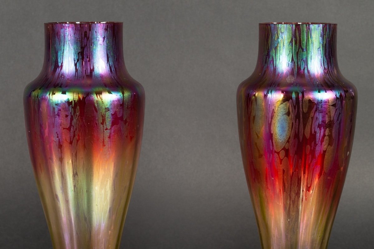 Pair Of Iridescent Vases, Art Nouveau, Bohemian, Wilhelm Kralik? 1900.-photo-4