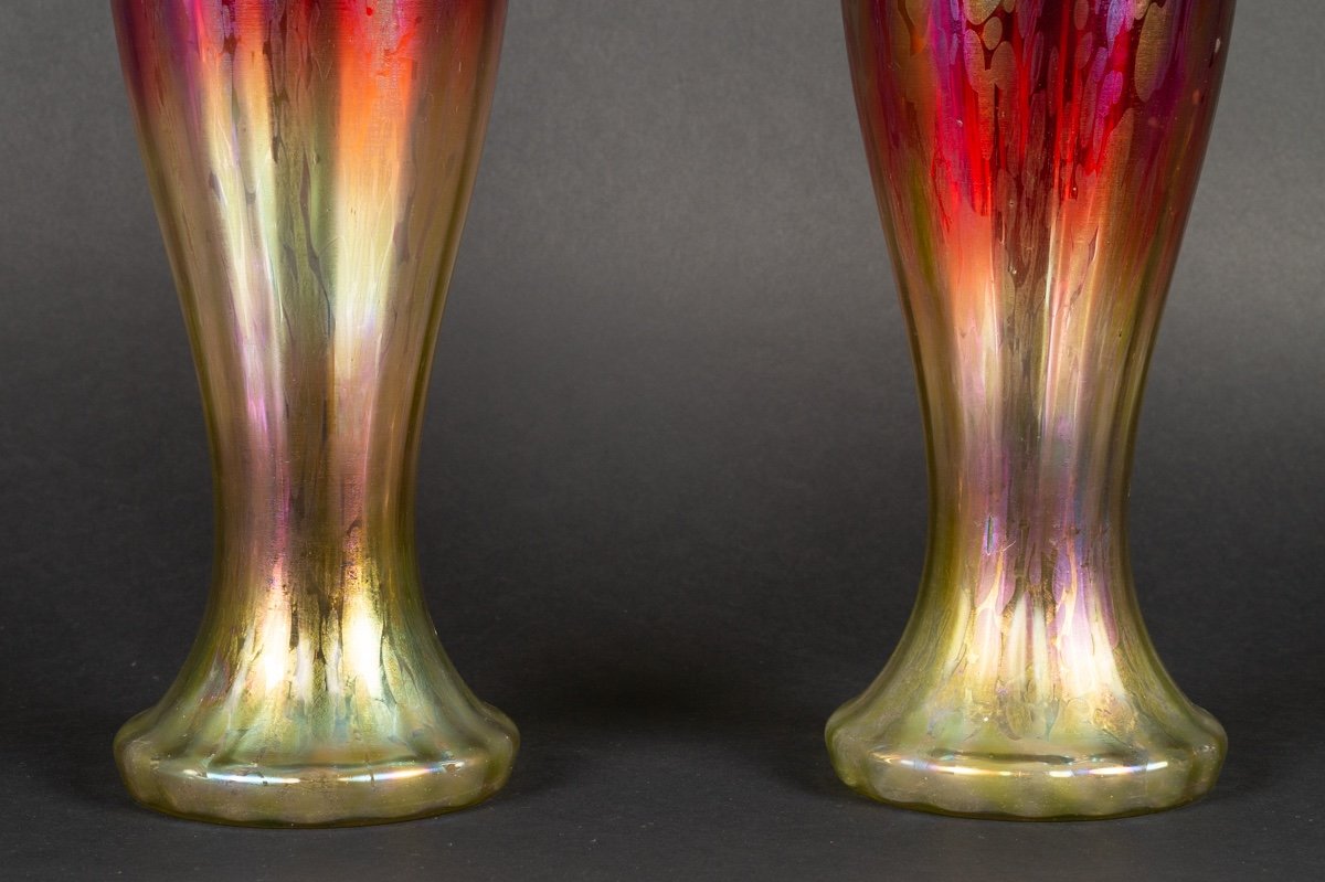 Pair Of Iridescent Vases, Art Nouveau, Bohemian, Wilhelm Kralik? 1900.-photo-1