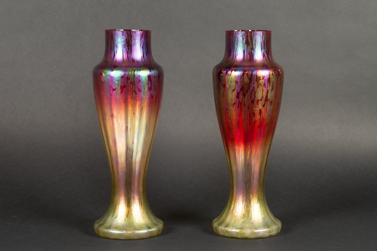 Pair Of Iridescent Vases, Art Nouveau, Bohemian, Wilhelm Kralik? 1900.