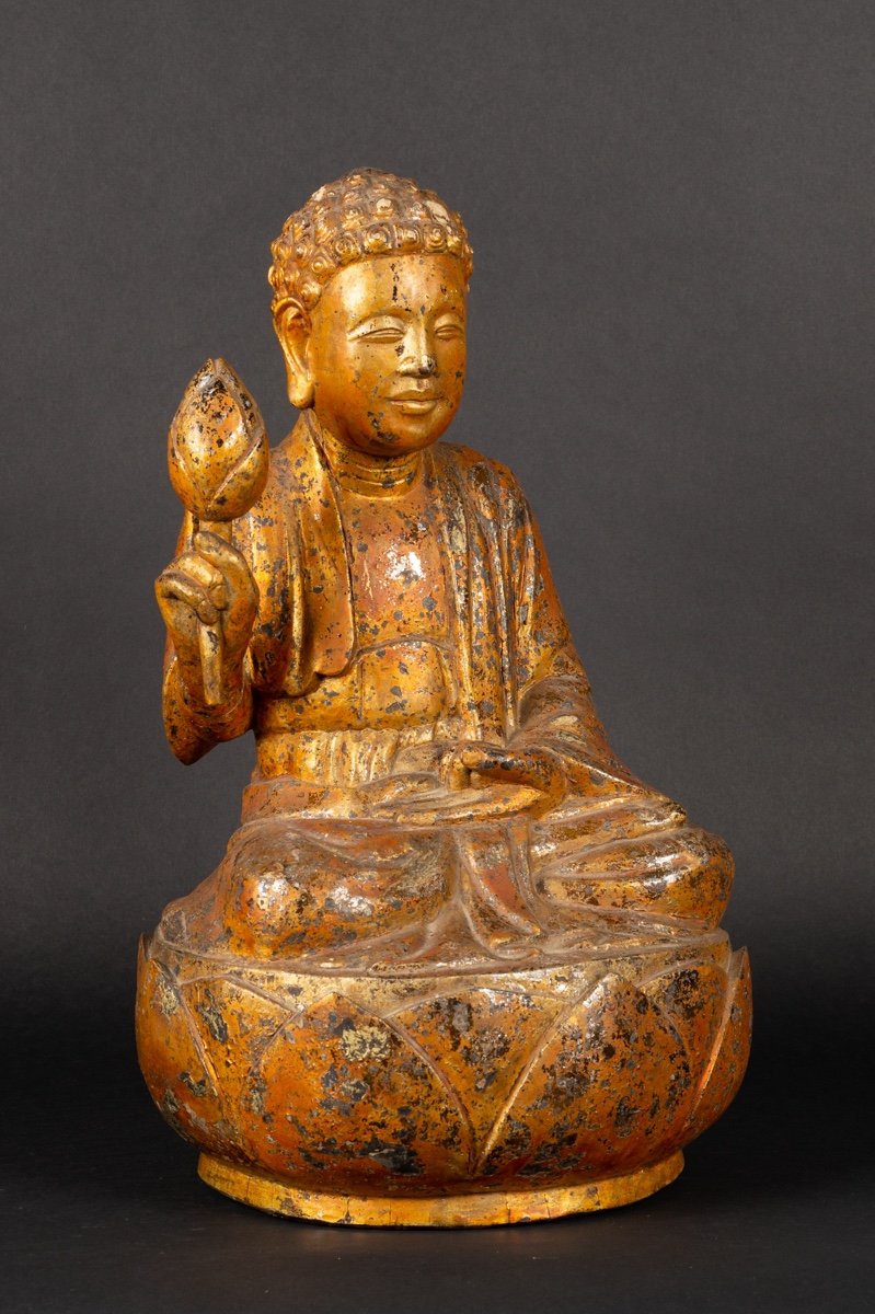 Bouddha Avec Fleur De Lotus, Bois Doré, Chine Ou Vietnam, XIXe Siècle. -photo-3