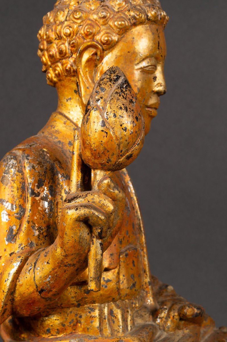 Bouddha Avec Fleur De Lotus, Bois Doré, Chine Ou Vietnam, XIXe Siècle. -photo-7