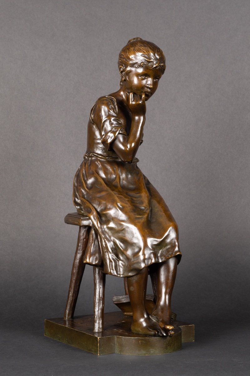 Jeune Fille Pensive, André Massoulle (1851-1901), Thiébaut Frères Paris, Bronze, XIXe Siècle.  -photo-3