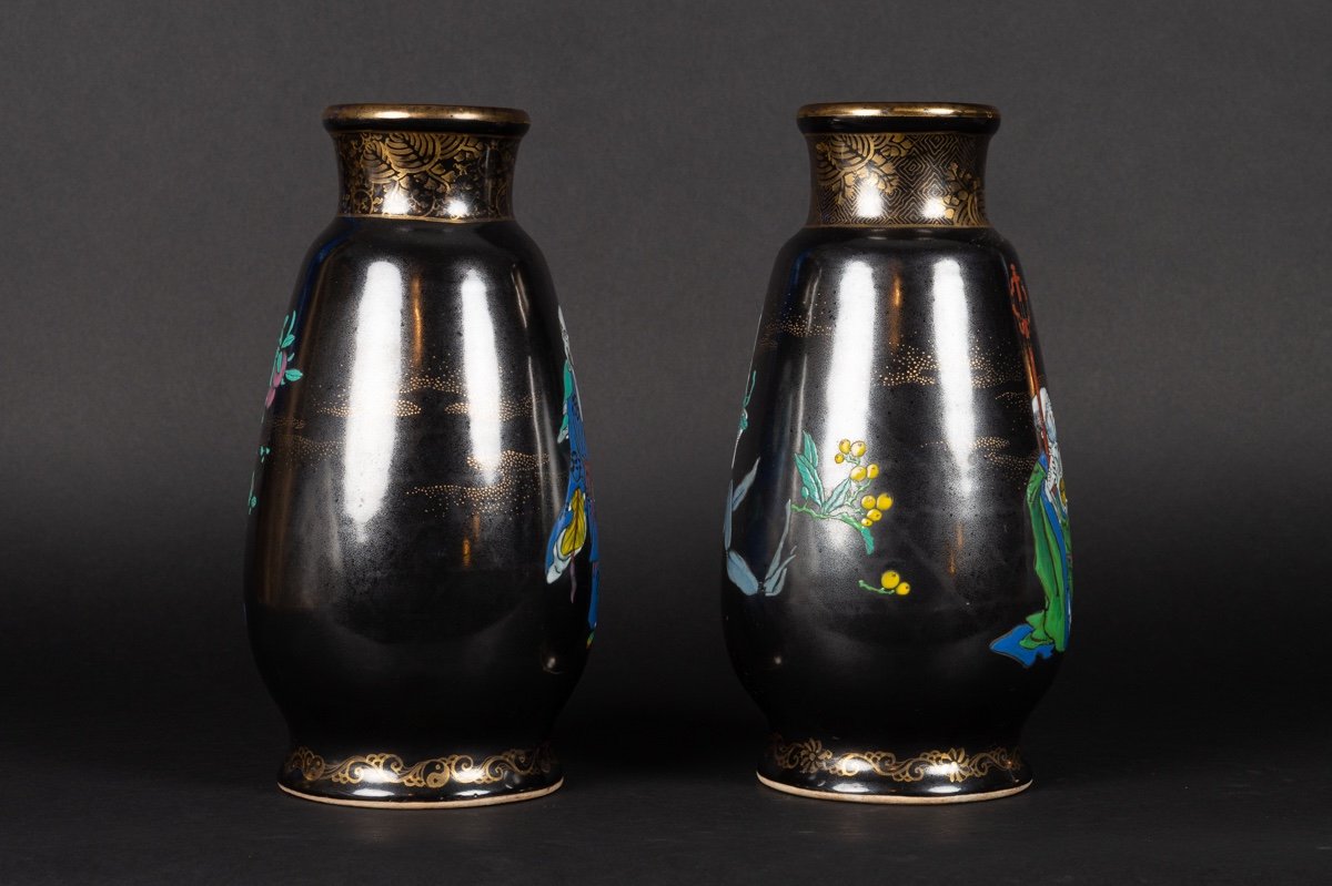 Pair Of Black Glaze Vases, Nishiura Enji (1856-1914), Yokohama, Japan, Meiji Era.-photo-2