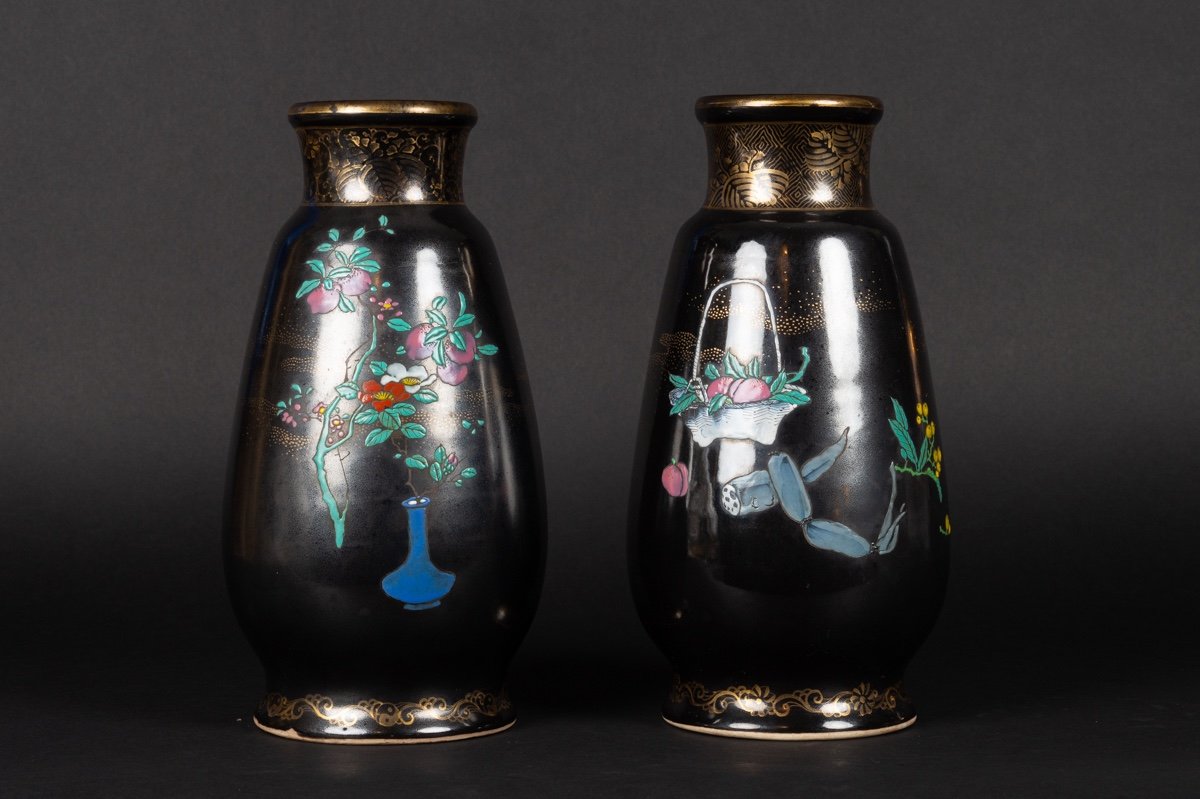 Pair Of Black Glaze Vases, Nishiura Enji (1856-1914), Yokohama, Japan, Meiji Era.-photo-3