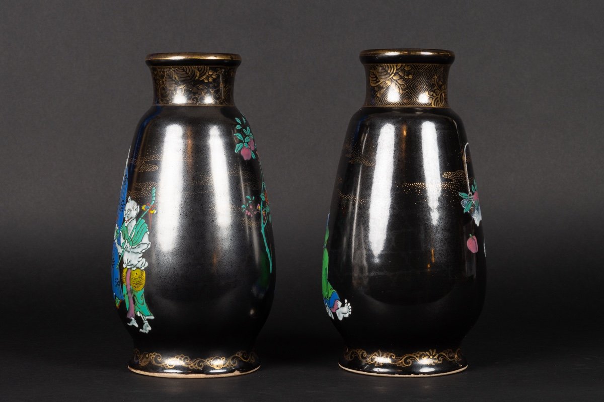 Pair Of Black Glaze Vases, Nishiura Enji (1856-1914), Yokohama, Japan, Meiji Era.-photo-4