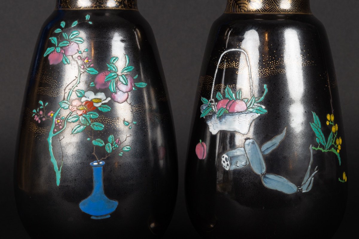 Pair Of Black Glaze Vases, Nishiura Enji (1856-1914), Yokohama, Japan, Meiji Era.-photo-4