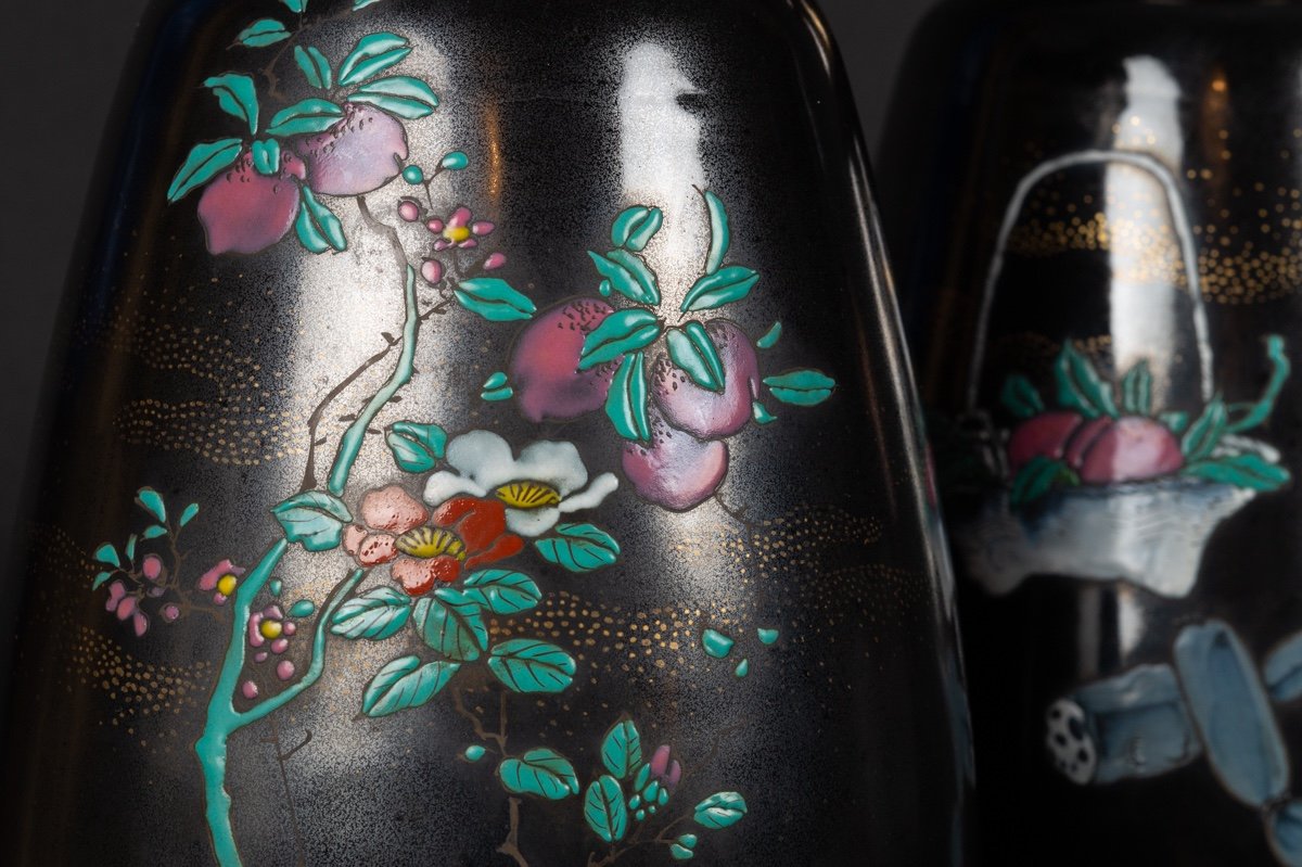 Pair Of Black Glaze Vases, Nishiura Enji (1856-1914), Yokohama, Japan, Meiji Era.-photo-5
