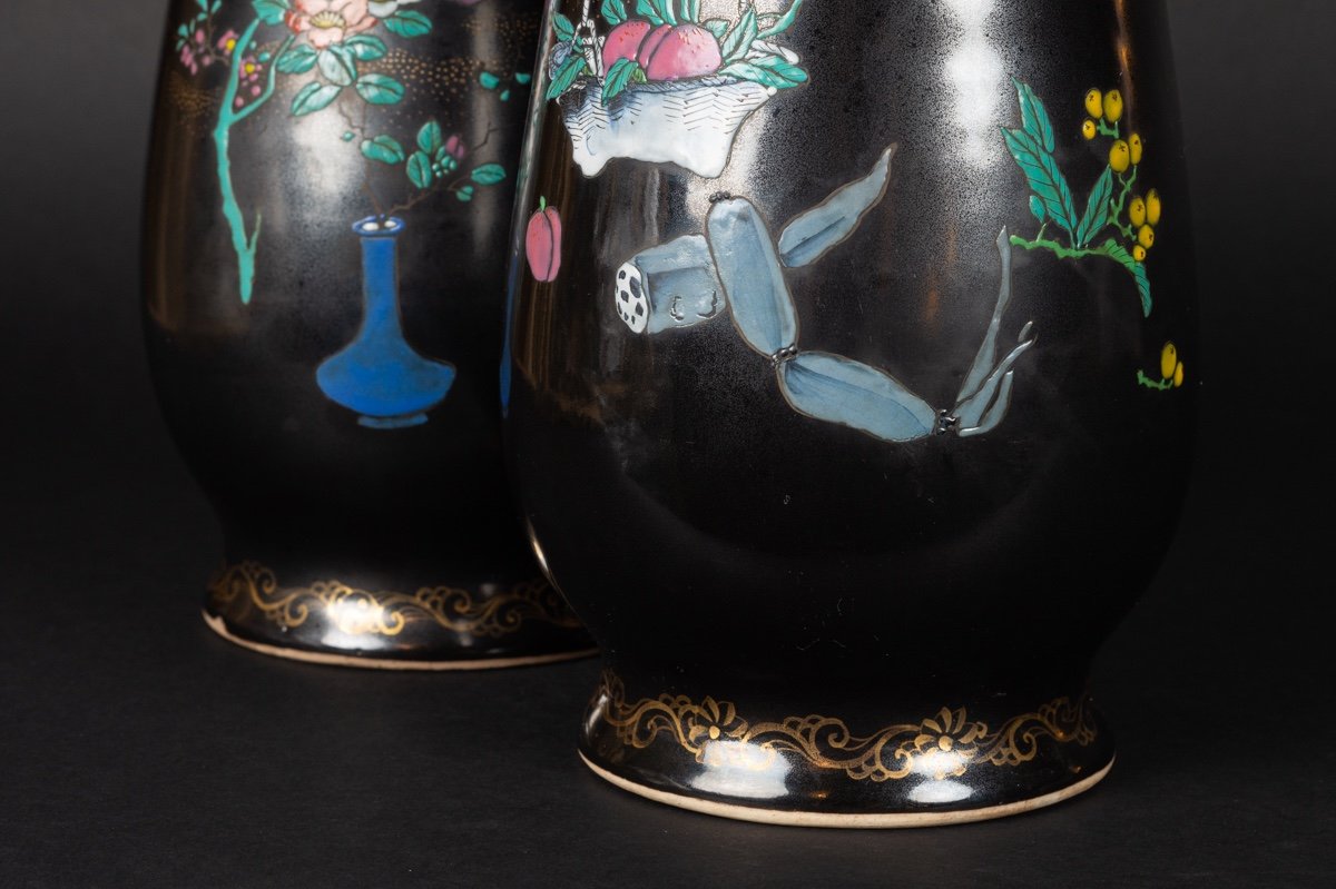 Pair Of Black Glaze Vases, Nishiura Enji (1856-1914), Yokohama, Japan, Meiji Era.-photo-6