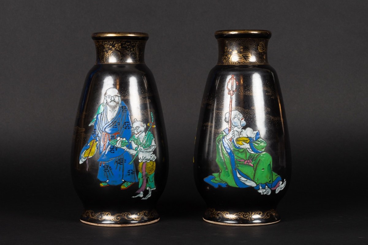 Pair Of Black Glaze Vases, Nishiura Enji (1856-1914), Yokohama, Japan, Meiji Era.