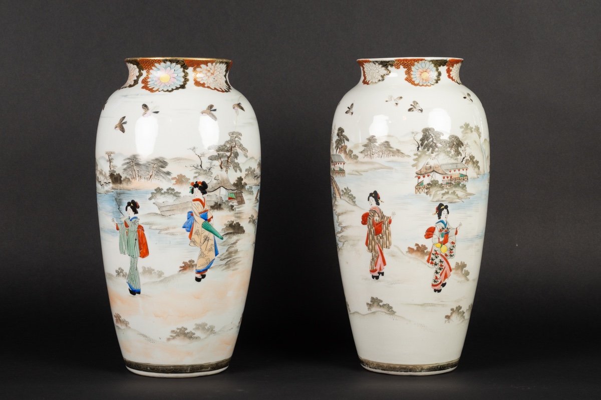 Pair Of Vases, Mizuno, Japan, Seto, Meiji Era (1868-1912).
