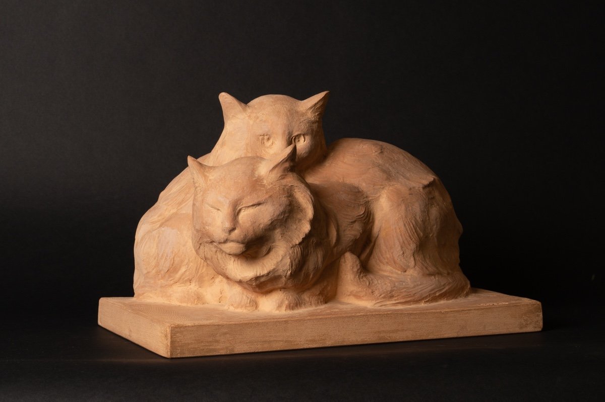 Cats, Terracotta, R. Pollin, Art Deco, France, 1920s/30s.-photo-1