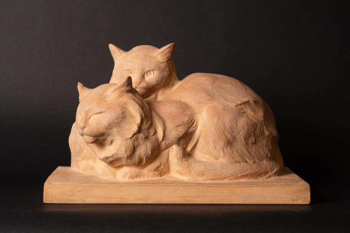 Cats, Terracotta, R. Pollin, Art Deco, France, 1920s/30s.