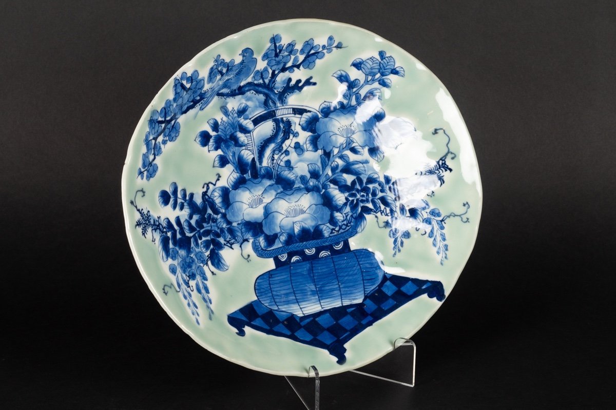 Plat à Panier De Fleurs, Céladon, Seto, Japon, ère Meiji (1868-1912).-photo-2