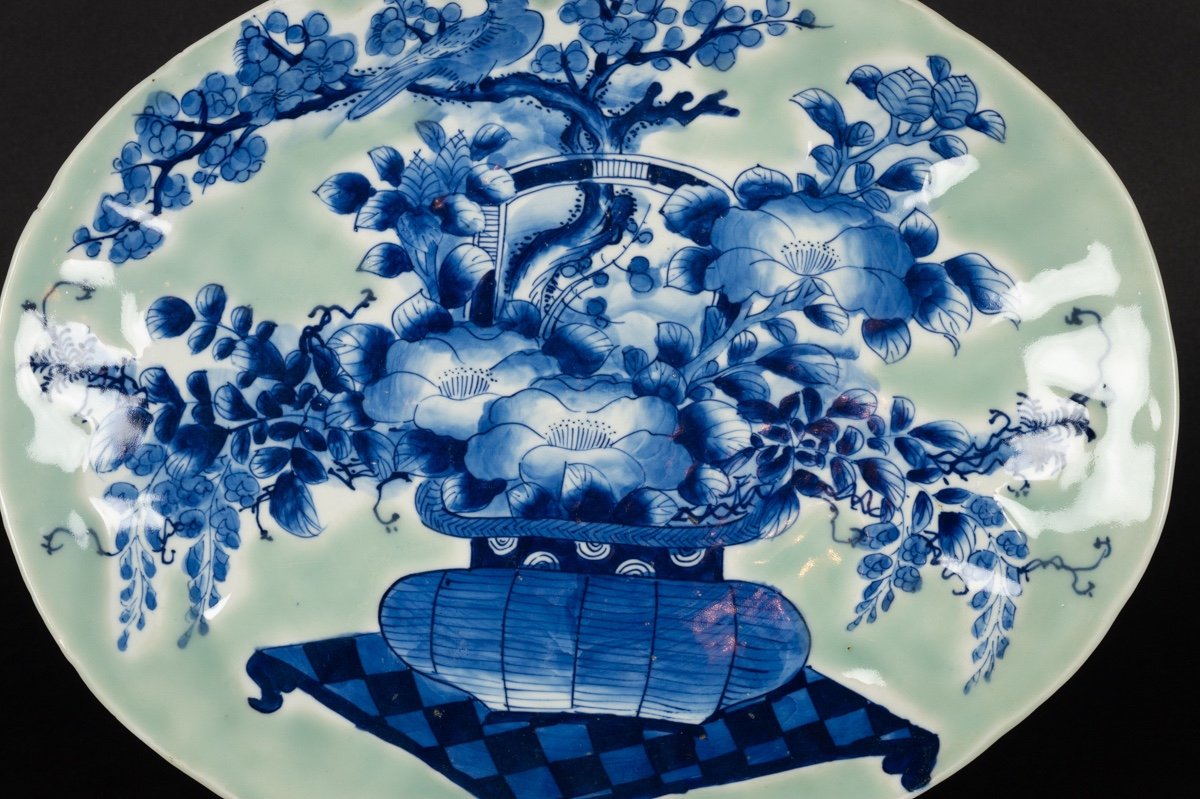 Plat à Panier De Fleurs, Céladon, Seto, Japon, ère Meiji (1868-1912).-photo-3