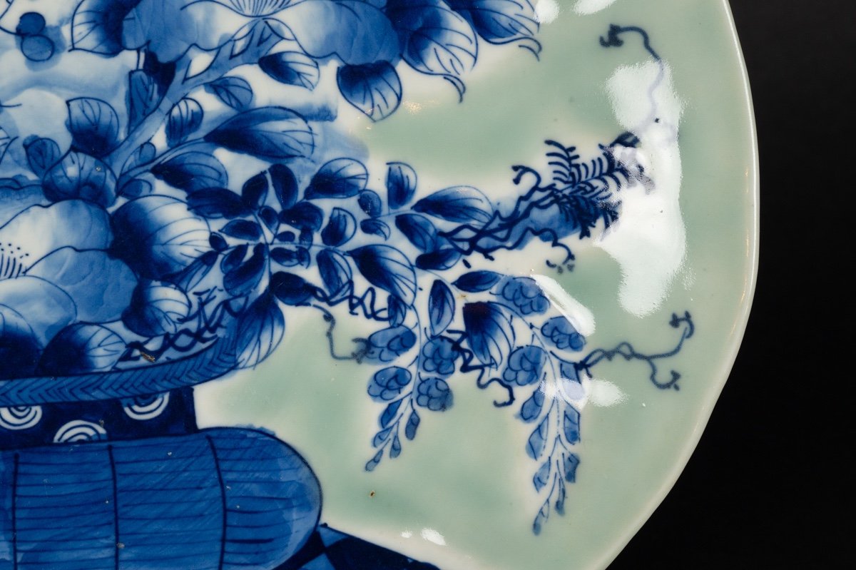 Plat à Panier De Fleurs, Céladon, Seto, Japon, ère Meiji (1868-1912).-photo-3