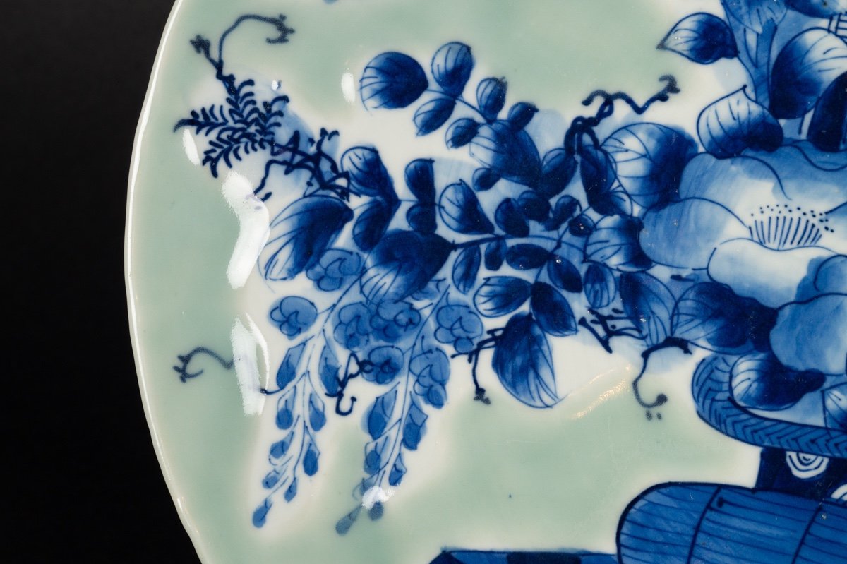 Plat à Panier De Fleurs, Céladon, Seto, Japon, ère Meiji (1868-1912).-photo-4