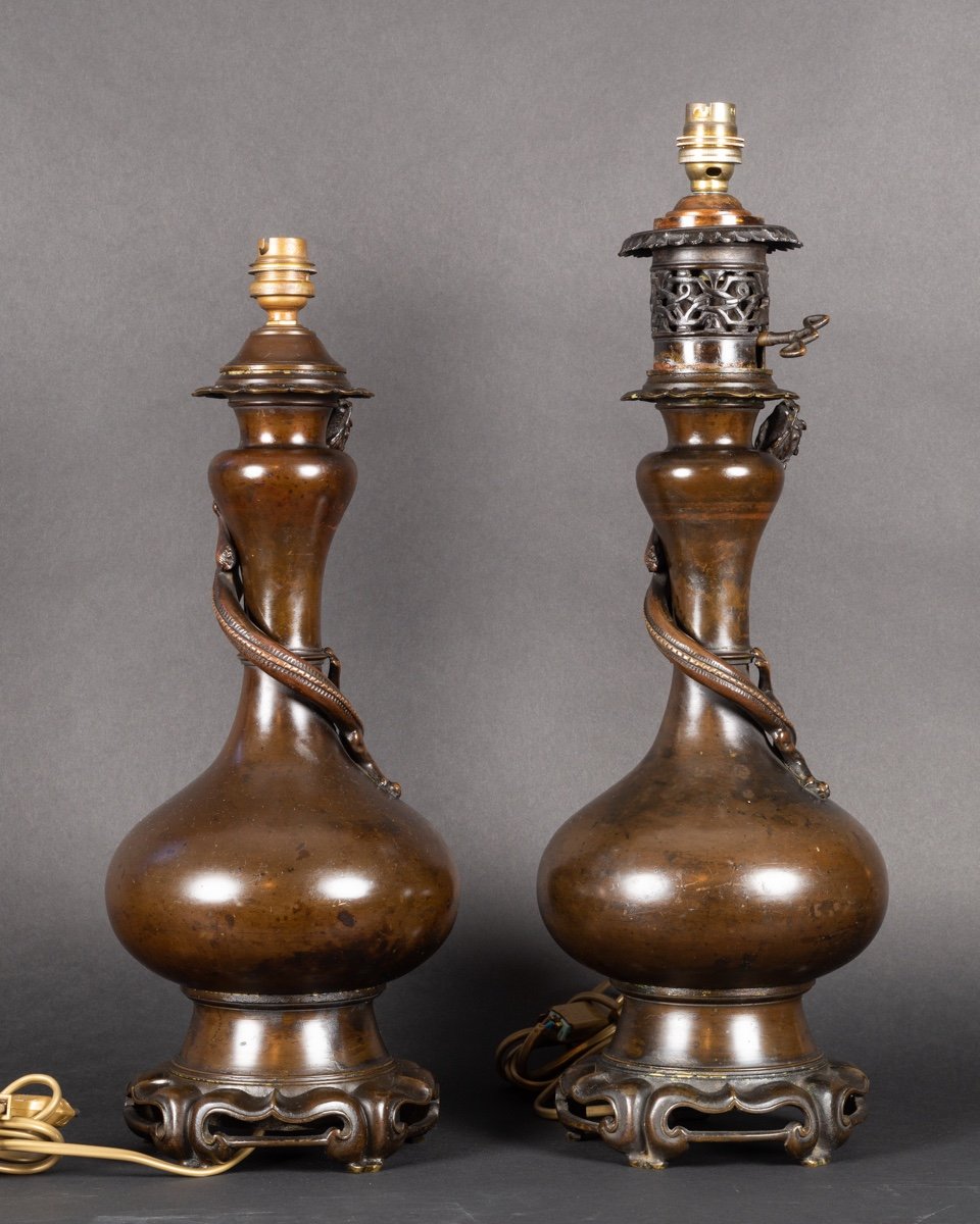 Paire De Lampes Avec Dragons, Japon, ère Meiji, 19e Siècle.  -photo-3