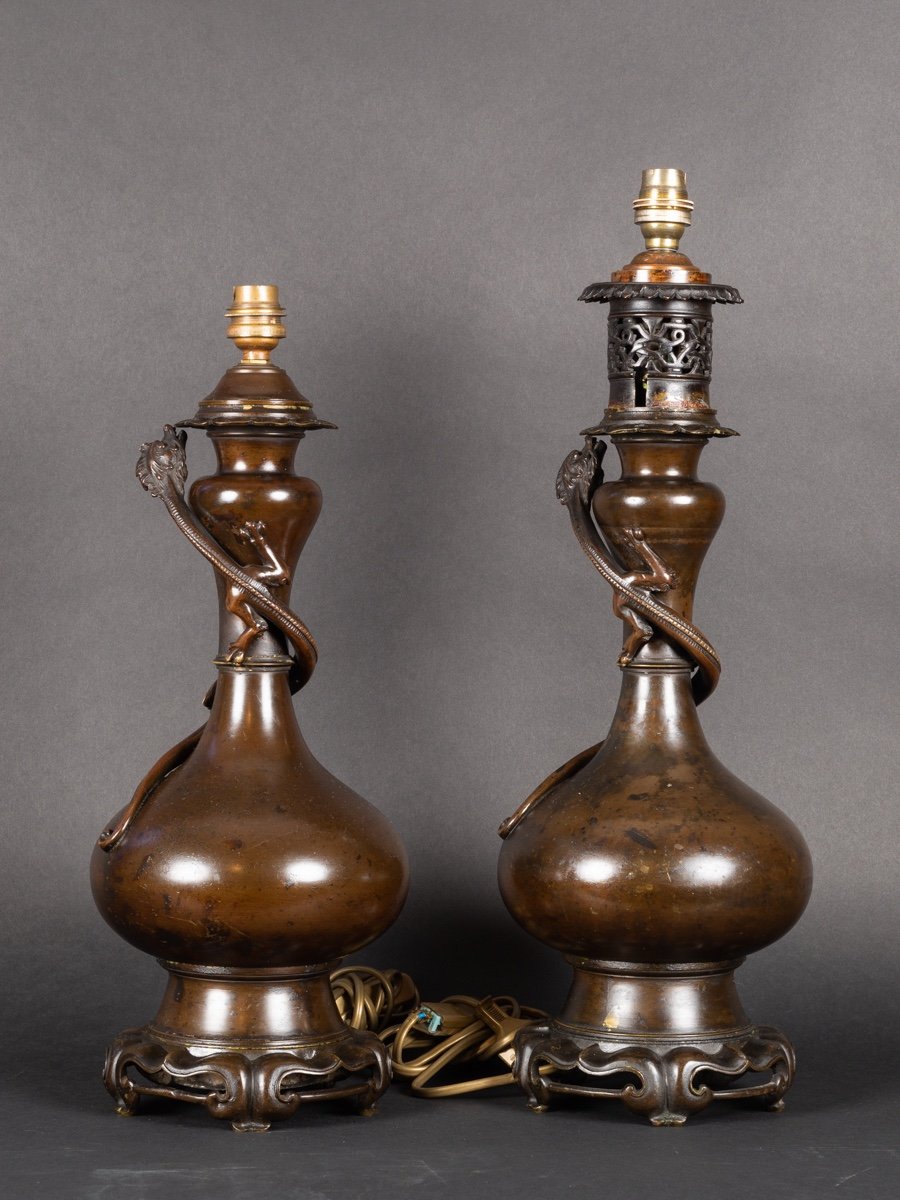 Paire De Lampes Avec Dragons, Japon, ère Meiji, 19e Siècle.  -photo-4