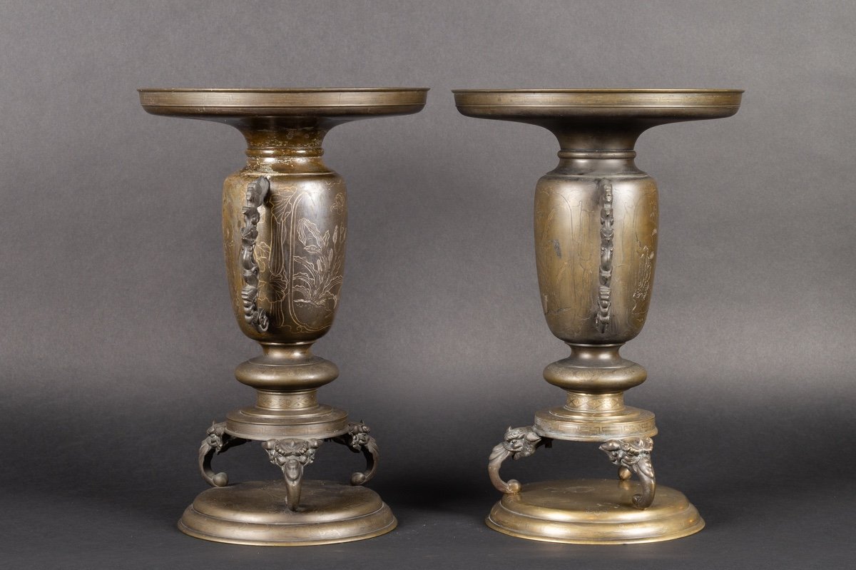 Paire De Vases Usubata, Bronze - Argent, Japon, ère Meiji (1868-1912). -photo-2