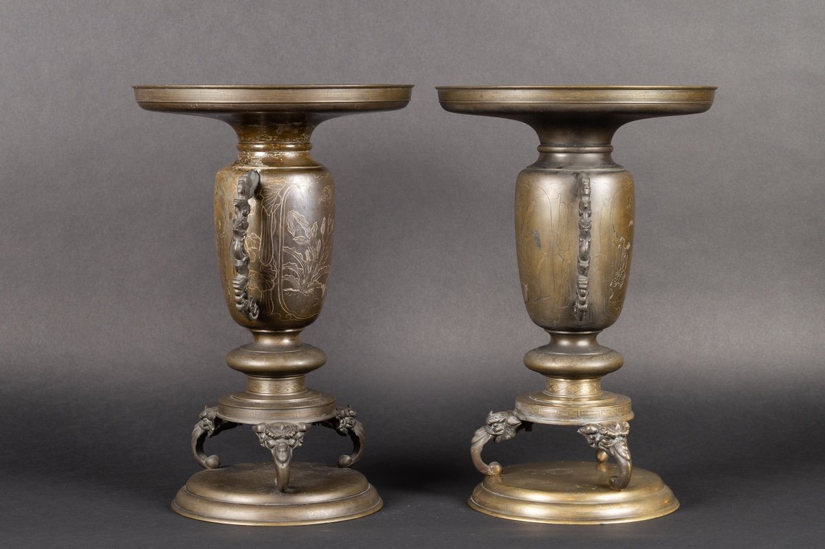 Pair Of Usubata Vases, Bronze - Silver, Japan, Meiji Era (1868-1912).-photo-2