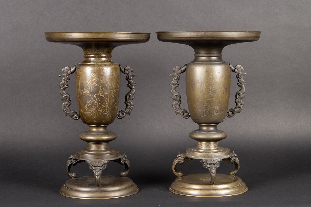 Paire De Vases Usubata, Bronze - Argent, Japon, ère Meiji (1868-1912). -photo-3
